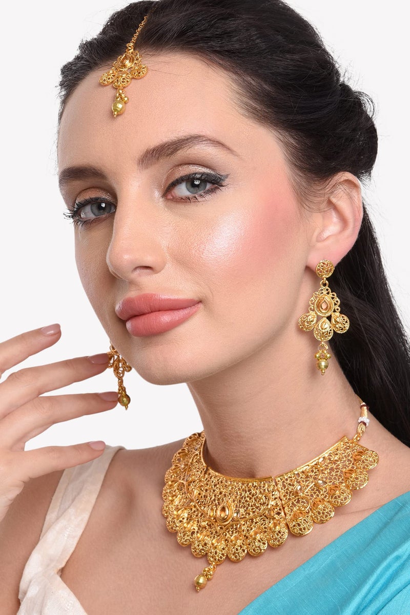 Efulgenz Indian Bridal Jewelry Set for Wedding Indian Gold Jewelry Traditional Bollywood Crystal Kundan Choker Necklace Earrings Maang Tikka - Image 4